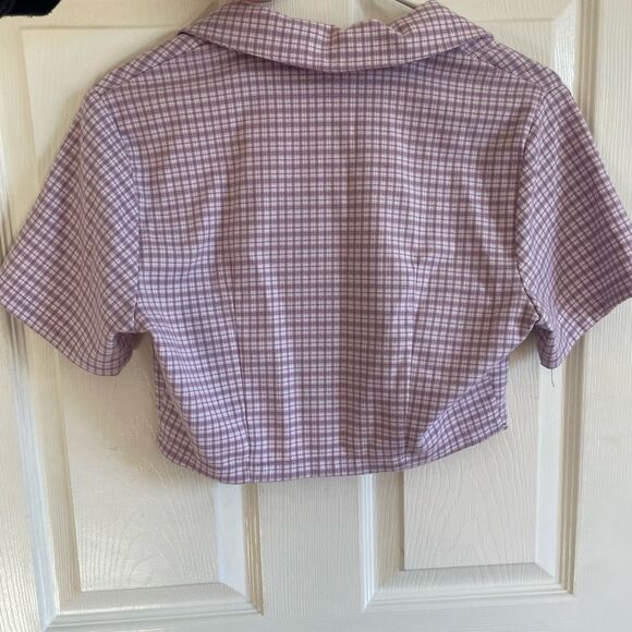 John Galt Size XS Brandy Melville Vivian Top Purple Plaid Preppy Collared Crop - Picture 6 of 12